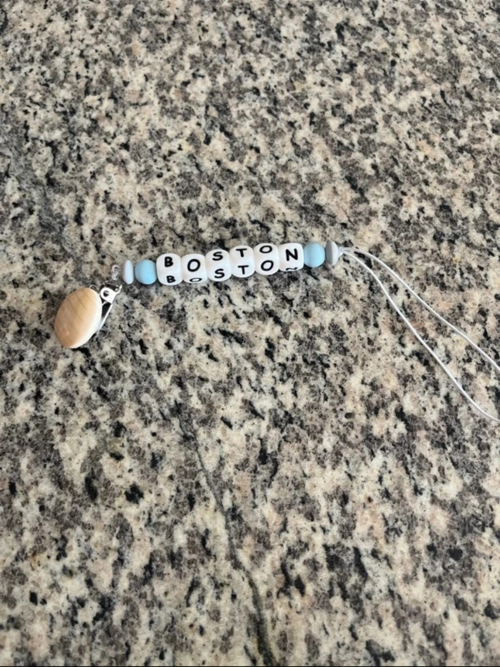Personalized 'Boston' Baby Pacifier Clip - Light Blue Beaded Design